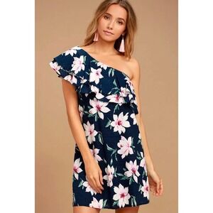 Lulus Navy Blue Floral One Shoulder Ruffle Mini Dress XL Tropical Summer Boho